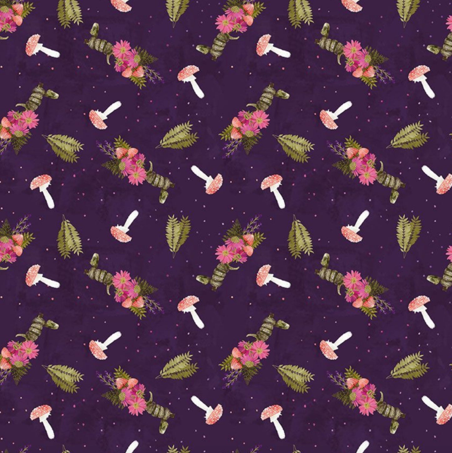 Snake Bouquet - from the Phoebe Collection by Pammie Jane for Dear Stella Designs - DPJ2971 - PURPLE.  Mushrooms, Snakes and Floral set against a dark purple background. 100% cotton, digitally printed.