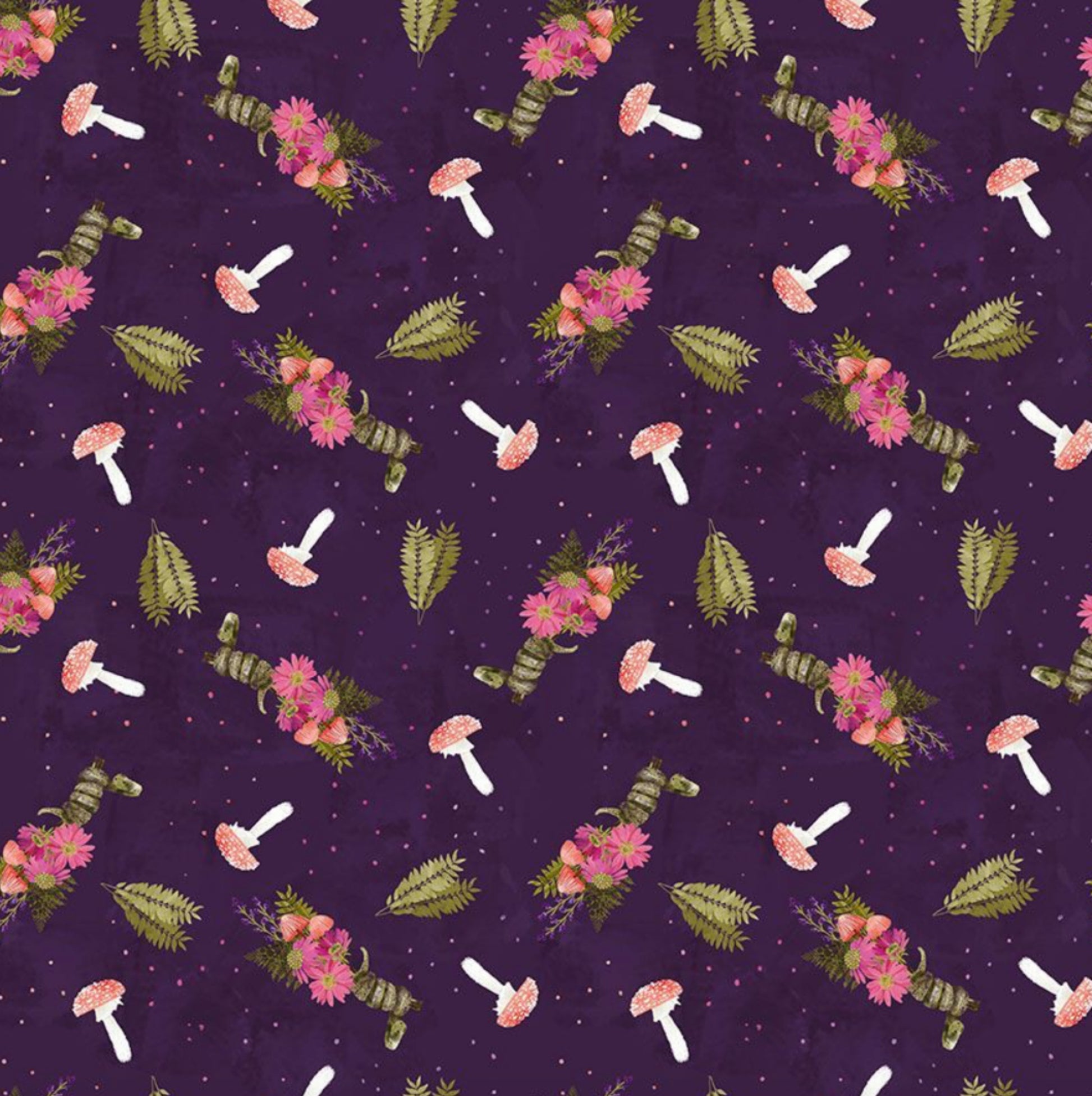 Snake Bouquet - from the Phoebe Collection by Pammie Jane for Dear Stella Designs - DPJ2971 - PURPLE.  Mushrooms, Snakes and Floral set against a dark purple background. 100% cotton, digitally printed.