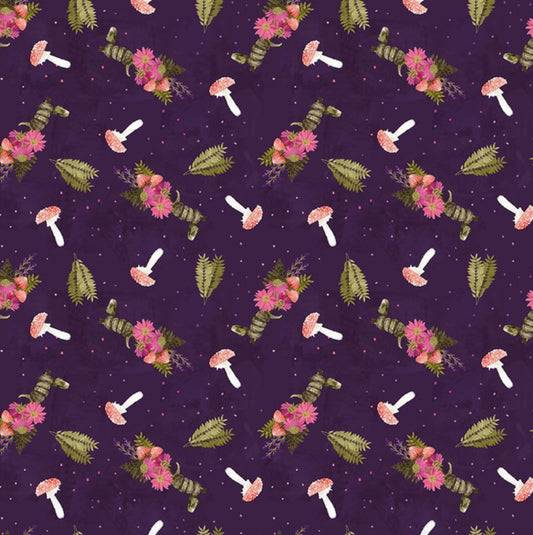 Snake Bouquet - from the Phoebe Collection by Pammie Jane for Dear Stella Designs - DPJ2971 - PURPLE.  Mushrooms, Snakes and Floral set against a dark purple background. 100% cotton, digitally printed.