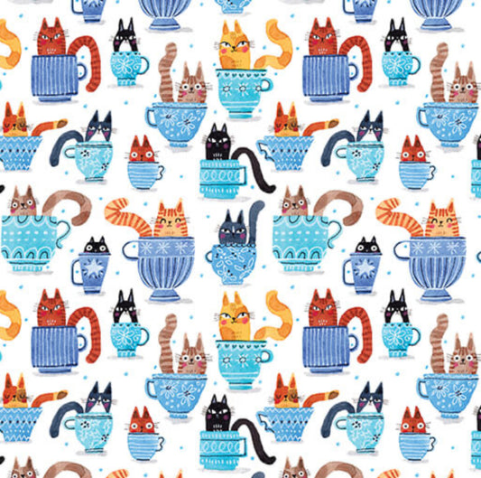 Teacup Cats - from the Cat Garden Fabric Collection by Terry Runyan for Contempo Fabrics for Benartex - 1634755B - Bluei. Cute Cats sitting in blue teacups. 100% cotton, digitally printed.
