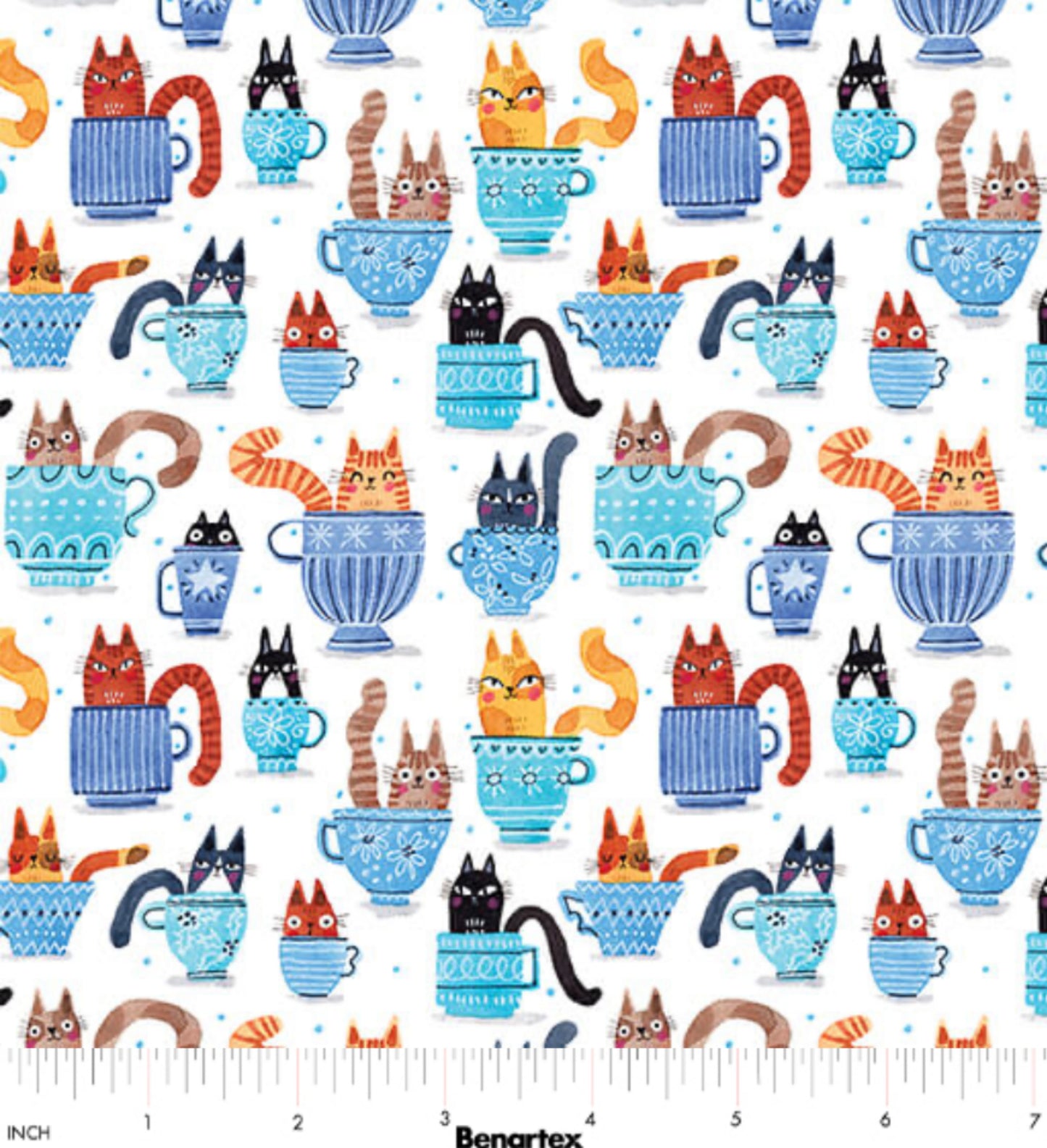 Teacup Cats -Blue - Cat Garden Collection - Contempo Fabrics
