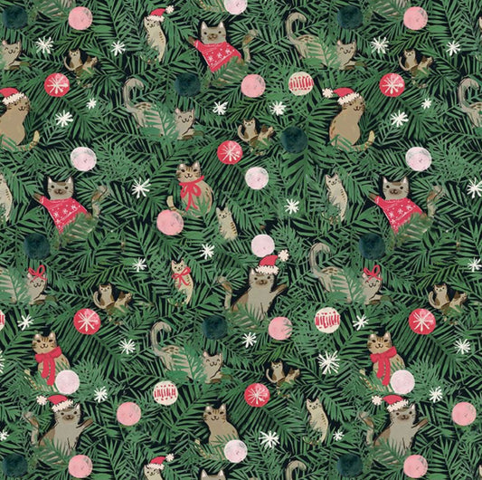Tree Kittens from the Sweater Weather Collection by Clara Jean for Dear Stella Fabrics. Cute kittens wearing red sweaters against an evergreen branch background. 100% cotton, digitally printed.