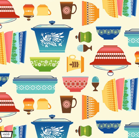 Vintage Hunt - Pyrex Bowls - from the Retro Kitchen Collection by Michael Miller Fabrics - DCX9581 - Multi - Retro design of vintage Pyrex Bowls on an Ivory background. Great mid-century modern style fabric.