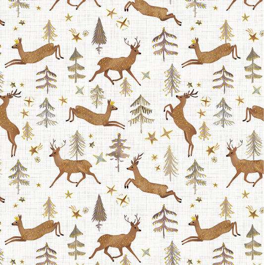 Winter Dreams Stags White Metallic - New Holiday Fabric for 2024 by Bernadette Urbanovics for Figo Fabrics. Stags surrounded by trees and stars with gold metallic accents on a white background. 100% cotton, digitally printed fabric.