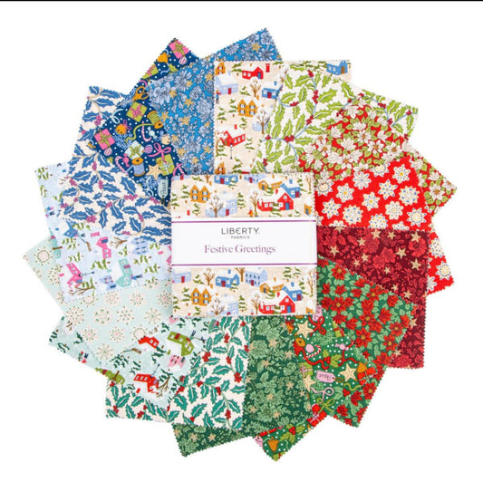Liberty Festive Greetings 10" Stacker - By Liberty Fabrics - 10-LTUDOR. 5" x 5" Stacker (Layer Cake) 42 pcs, includes the complete Festive Greetings Collection. Winter Holiday/Christmas Fabrics. The fabric does repeat in this stacker. 100% Cotton.