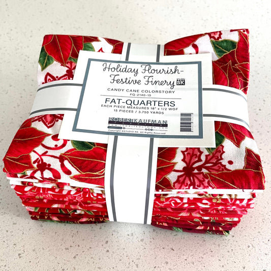Holiday Flourish Festive Finery 2024 - Candy Cane Colorstory - 15 pc Fat Quarter Bundle - 100% cotton, digitally printed new christmas holiday fabric from Robert Kaufman