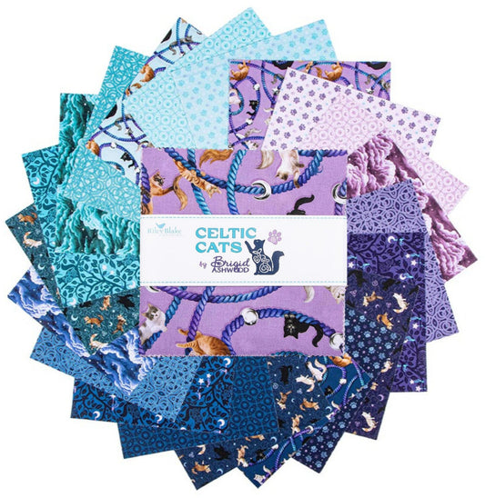 Celtic Cats 5" Stacker  - By Brigid Ashwood for Riley Blake Designs. 5" x 5" Stacker (Charm Pack) 42 pcs, includes the complete Celtic Cats Collection. Adorable cats and yarn. The fabric does repeat in this stacker. 100% cotton