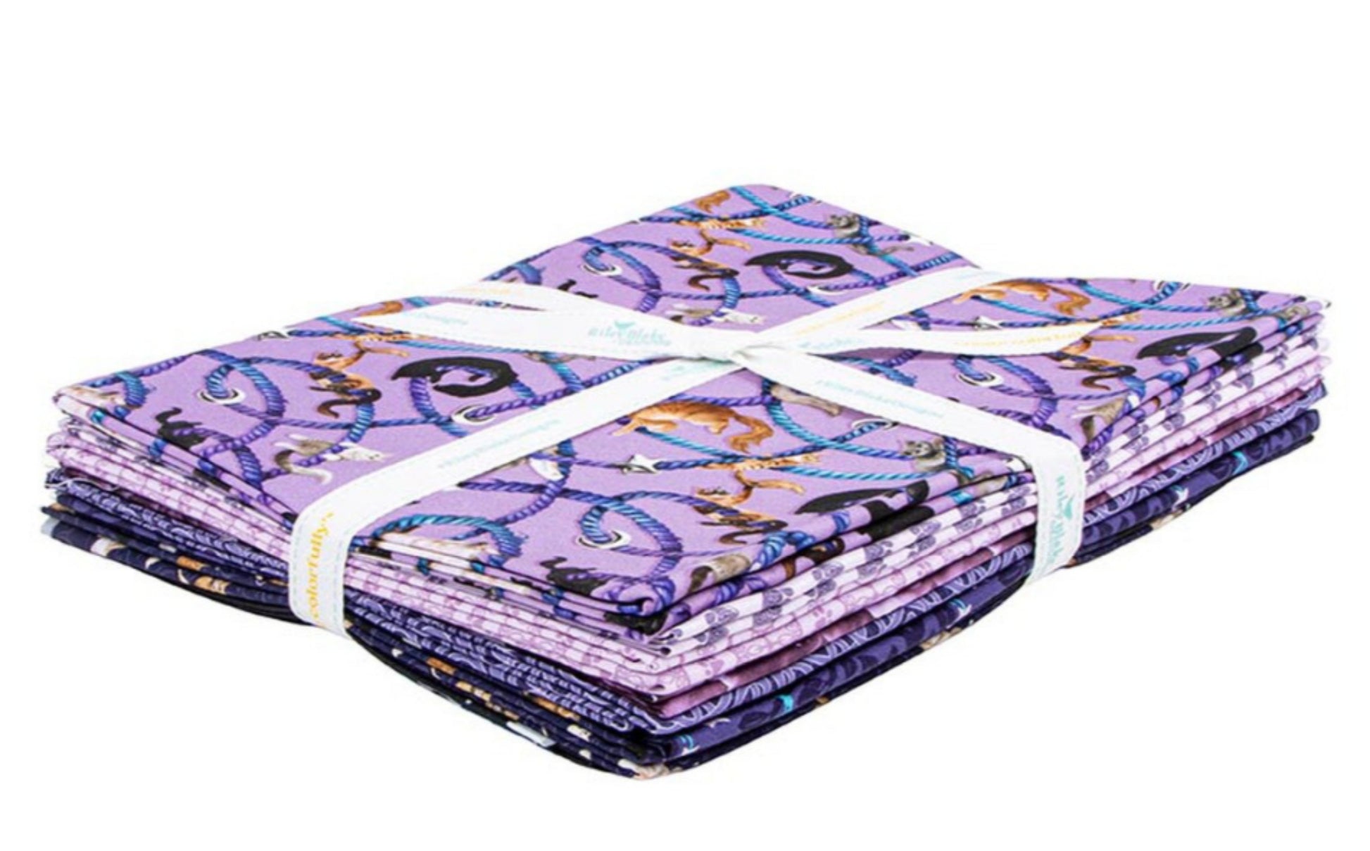 Celtic Cats - Lilac - 8 x 1 Yard Bundle. 8 Yards total in Bundle. Includes 7 different patterns, each 1 yard lengths and one 24" x 43" Panel from the Celtic Cats Collection by Brigid Ashwood for Riley Blake Designs. 16580L-8. 100% Cotton. Ready to ship. Adorable new cat themed fabric. We also have the main print yardage and precuts for this collection. Cotton fabrics are not intended for children's sleepwear. 100% cotton