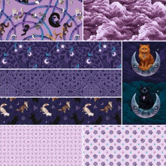 Celtic Cats - Lilac - 8 x 1 Yard Bundle. 8 Yards total in Bundle. Includes 7 different patterns, each 1 yard lengths and one 24" x 43" Panel from the Celtic Cats Collection by Brigid Ashwood for Riley Blake Designs. 16580L-8. 100% Cotton. Ready to ship. Adorable new cat themed fabric. We also have the main print yardage and precuts for this collection. 100% cotton, not intended for children's sleepwear.