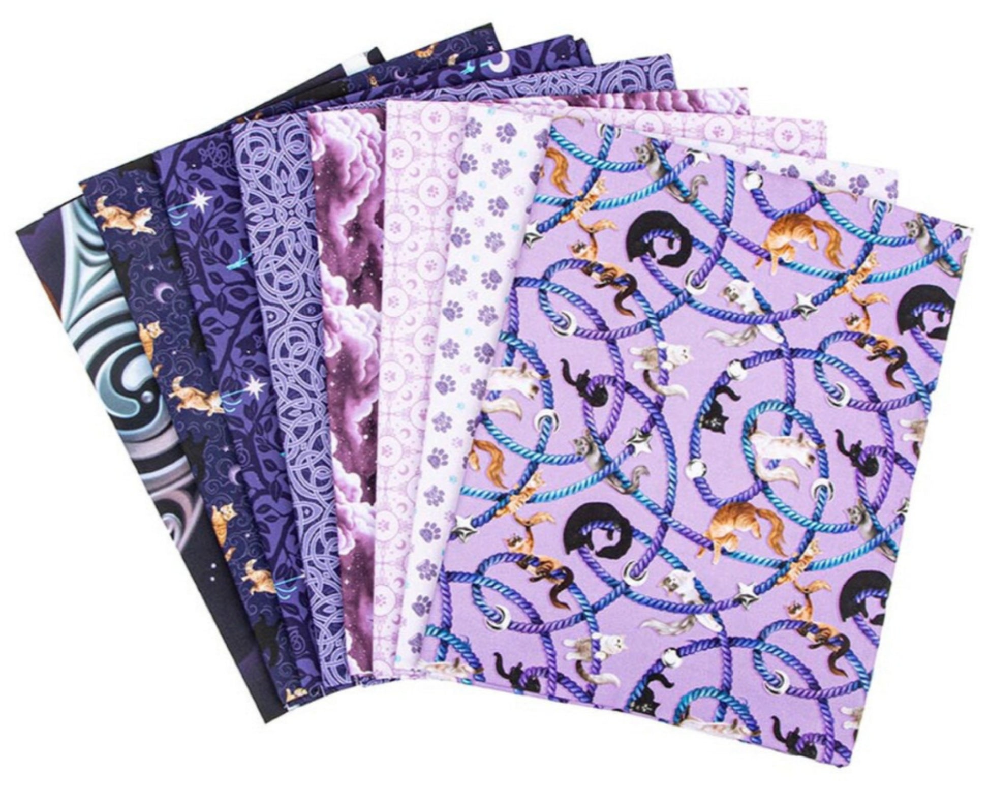 Celtic Cats - Lilac - 8 x 1 Yard Bundle. 8 Yards total in Bundle. Includes 7 different patterns, each 1 yard lengths and one 24" x 43" Panel from the Celtic Cats Collection by Brigid Ashwood for Riley Blake Designs. 16580L-8. 100% Cotton. Ready to ship. Adorable new cat themed fabric. We also have the main print yardage and precuts for this collection. Cotton fabrics are not intended for children's sleepwear. 100% cotton