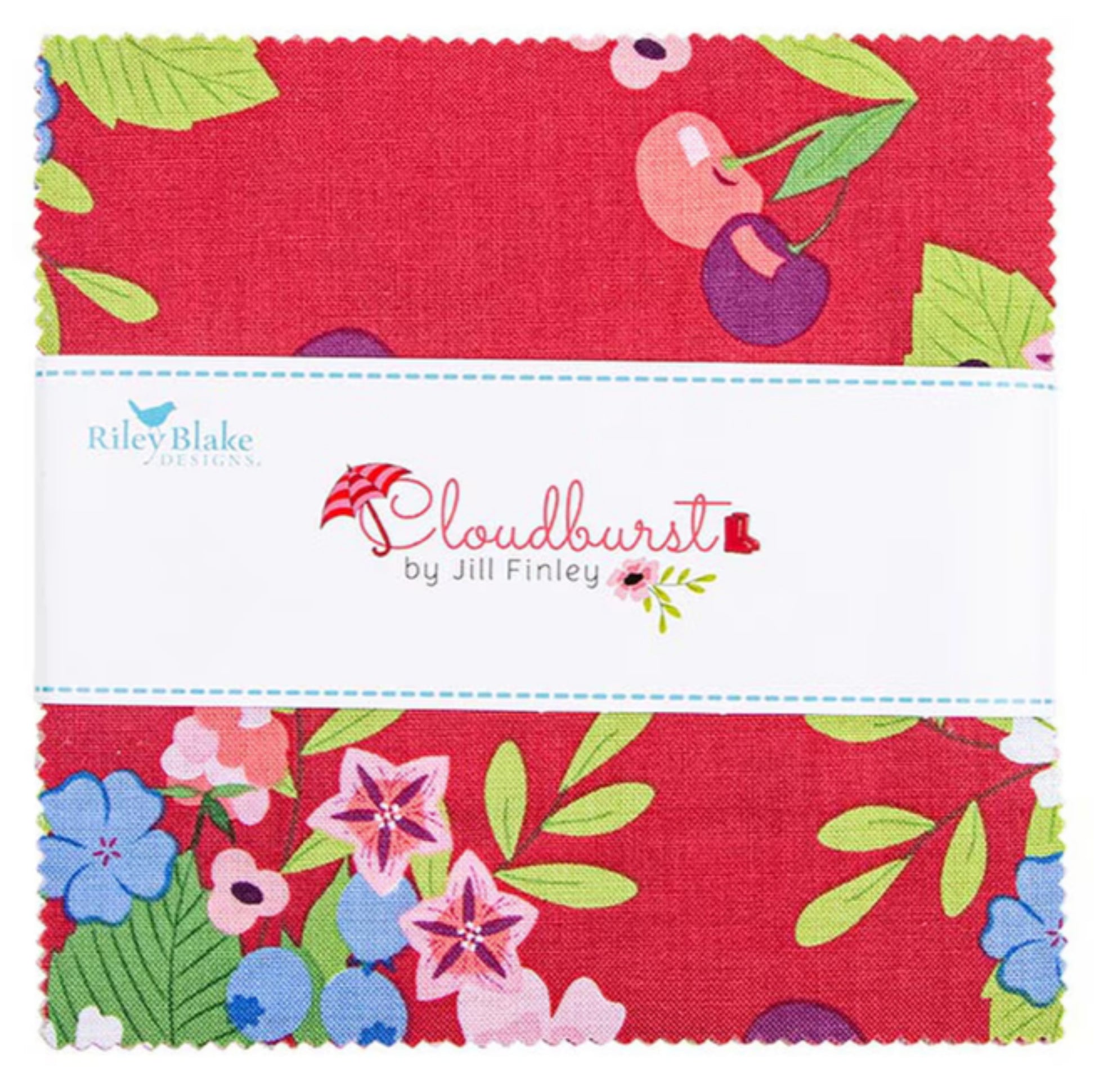 Cloudburst 5" Stacker - By Jill Finley for Riley Blake Designs - 5-16180. 5" x 5" Stacker (Charm Pack) 42 pcs, includes the complete Cloudburst Collection. The fabric does repeat in this stacker. 100% cotton, not intended for children's sleepwear.