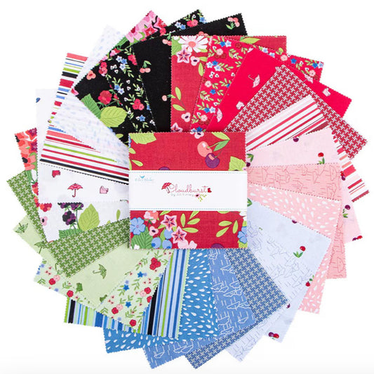 Cloudburst 5" Stacker - By Jill Finley for Riley Blake Designs - 5-16180. 5" x 5" Stacker (Charm Pack) 42 pcs, includes the complete Cloudburst Collection. The fabric does repeat in this stacker. 100% cotton, not intended for children's sleepwear.
