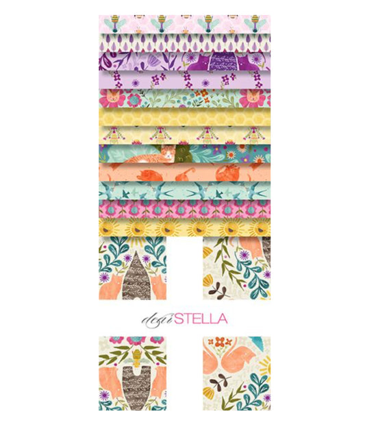 Curiosity Blooms Layer Cake Fabrics. From the Curious Garden Collection by Pammie Jane for Dear Stella Fabrics. We have additional fabrics by the yard from this collection, which is purrfect for cat lovers everywhere!