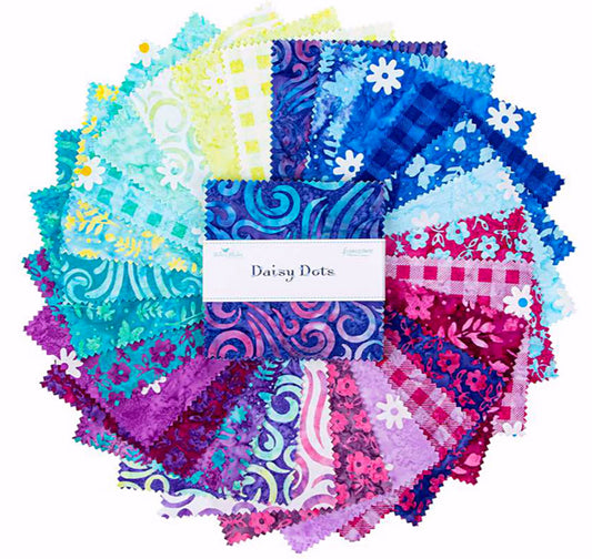 Expressions Batiks Daisy Dots 5" Stacker - Expressions Batiks by Riley Blake Designs - 5-23406. 5" x 5" Stacker (Charm Pack) 42 pcs, The fabric does repeat in this stacker. 100% Cotton Batik. Ready to ship. Fabric collection shown