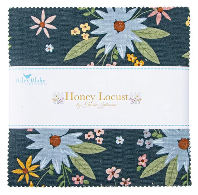 Honey Locust 5" Stacker - By Amber Johnson for Riley Blake Designs - 16270. 5" x 5" Stacker (Charm Pack) 42 pcs, includes the complete Honey Locust Collection. The fabric does repeat in this stacker.