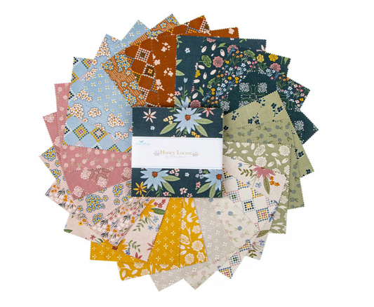 Honey Locust 5" Stacker - By Amber Johnson for Riley Blake Designs - 16270. 5" x 5" Stacker (Charm Pack) 42 pcs, includes the complete Honey Locust Collection. The fabric does repeat in this stacker.
