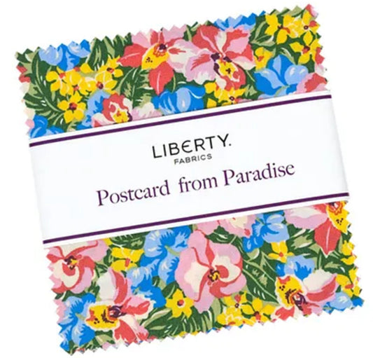 Honey Locust 5" Stacker - By Liberty Fabrics - 5-LPOSTPAR. 5" x 5" Stacker (Charm Pack) 42 pcs, includes the complete Postcard Paradise Collection. The fabric does repeat in this stacker. 100% Cotton.