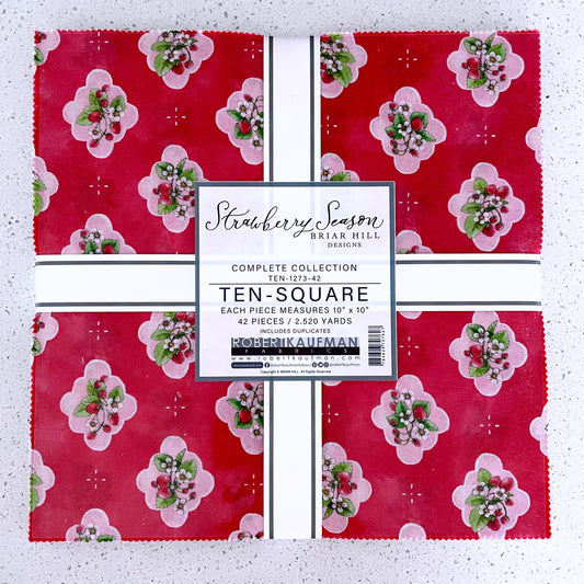 Strawberry Season Ten Square - Briar Hill Designs for Wishwell Fabrics - Complete collection - 10 x 10 in. Layer Cake, 100% cotton fabric digitaly printed. Strawberry and floral themed fabric
