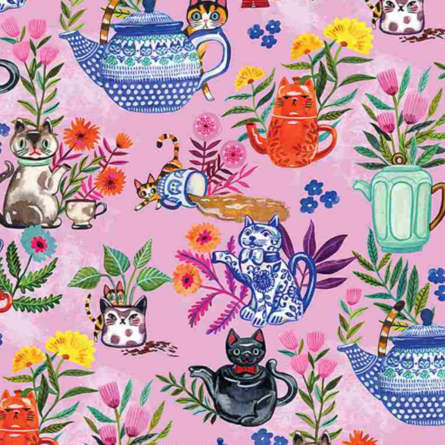 Fabric By The Yard - Cat Tea Party - STELLA-DMB2031-PINK - Dear Stella