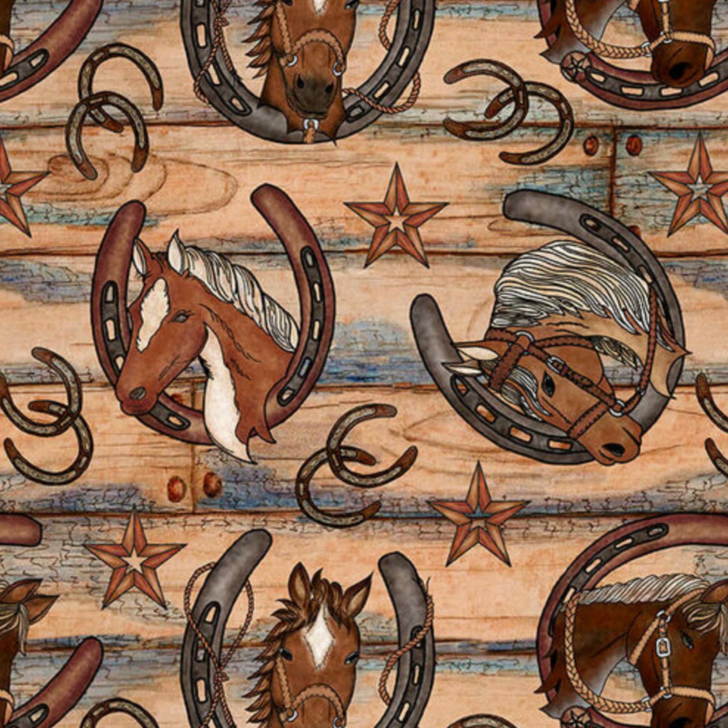 Fabric By The Yard - Horseheads with Horseshoes - Tan - 1982-36