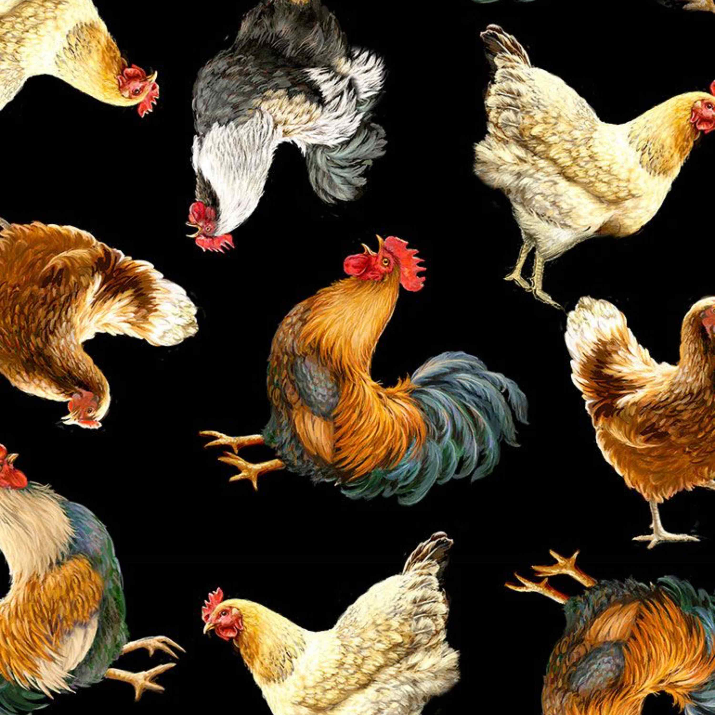 Chickens and roosters farm animals black cotton sewing Fabric by