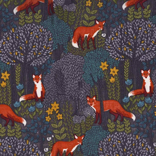 Into the Woods Fabric in Dusk - Foxes and woodland animals. Michael Miller Fabrics