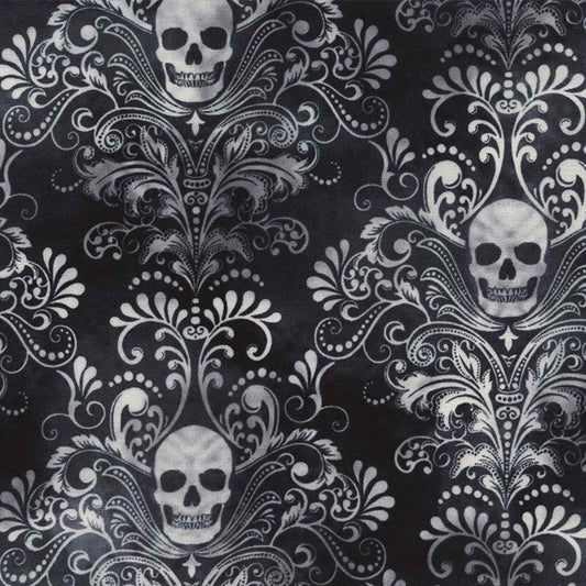 Fabric By The Yard - Skull Damask Negative - WICKED-C3759 - Charcoal - Timeless Treasures