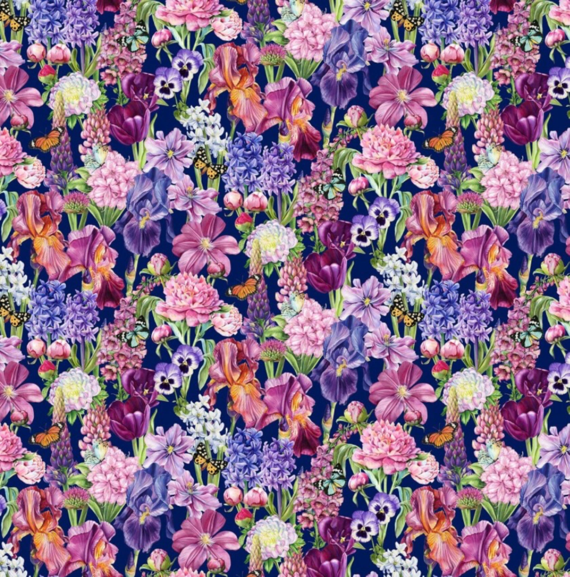 Large Packed Floral Fabric in Navy from Deborah's Garden collection by Michel Design Works for Northcott Fabrics