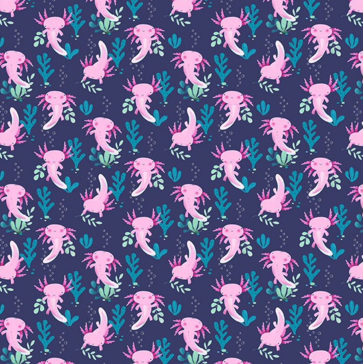 Axolotls - from the Make Waves Collection Dear Stella Designs - D2939-INDIGO. Adorable pink salamanders set against an indigo blue background. 100% cotton, digitally printed.
