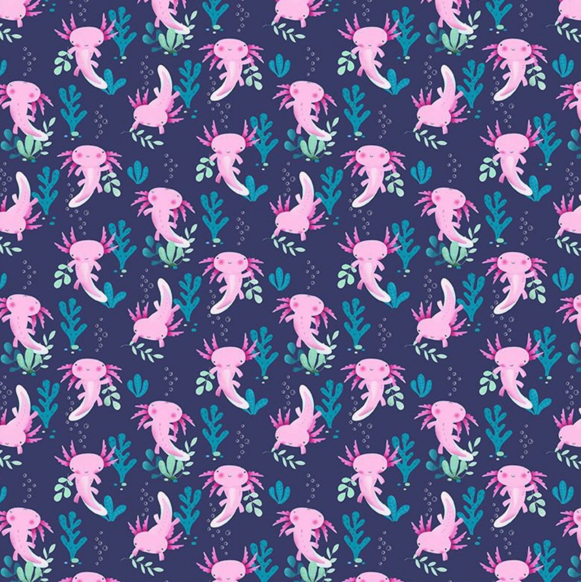 Axolotls - from the Make Waves Collection Dear Stella Designs - D2939-INDIGO. Adorable pink salamanders set against an indigo blue background. 100% cotton, digitally printed.
