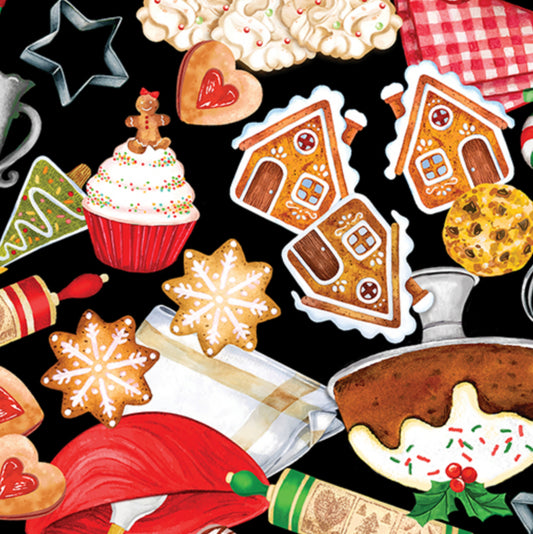 Christmas baking-themed fabric featuring baking tools, mixers, Christmas cookies, gingerbread houses, and cupcakes against a black background - 100% cotton, digitally printed.