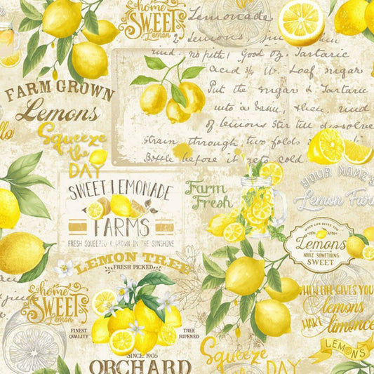 Lemon Farm Collage Fabric from the Lemon Bouquet Collection from Timeless Treasures Fabrics