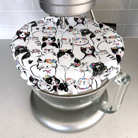 Floral Cats Stand Mixer Bowl cover. White fabric featuring  cats wearing flower bouquets.