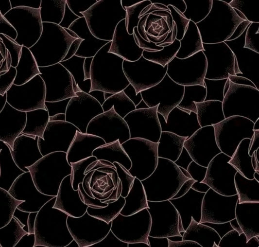 Rose Succulent - from the Botanist Collection by Pippa Shaw for Figo Fabrics - Black Fabric with rose colored tipped succulents.