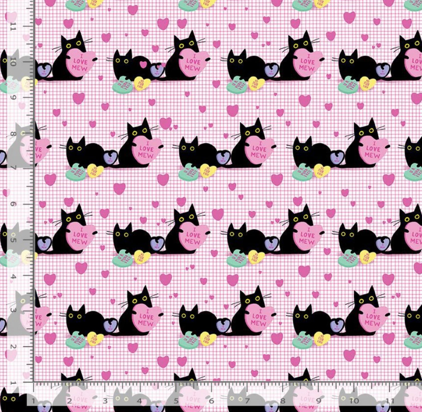 I Love Mew Fabric - Hugs and Purrs Collection by Leezaworks for Dear Stella Design. adorable cats holding candy hearts. 100% cotton, digitally printed.