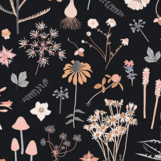 Botanist Fabric in Black from the Botanist Collection by Pippa Shaw for Figo Fabrics Florals on a black background.