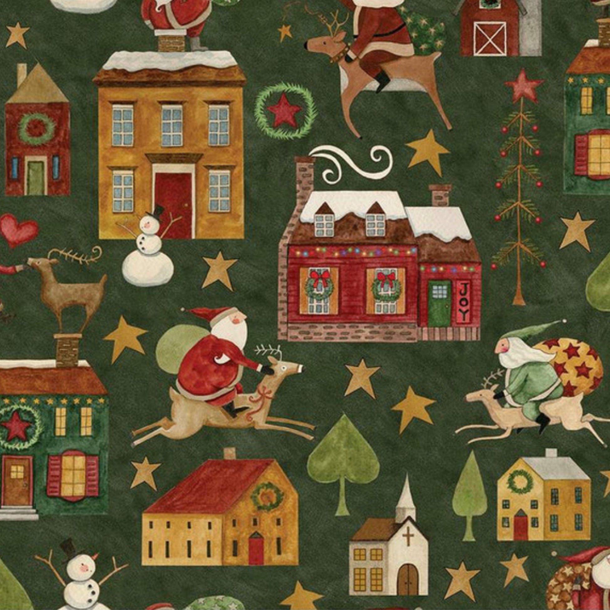 Up On The Housetop - Main Fabrtic - Green by Teresa Kogut for Riley Blake Designs. New 2024 Christmas Holiday fabric featuring Santa houses, barns, reindeer, stars, and Christmas themed icons. 100% cotton, digitally printed.