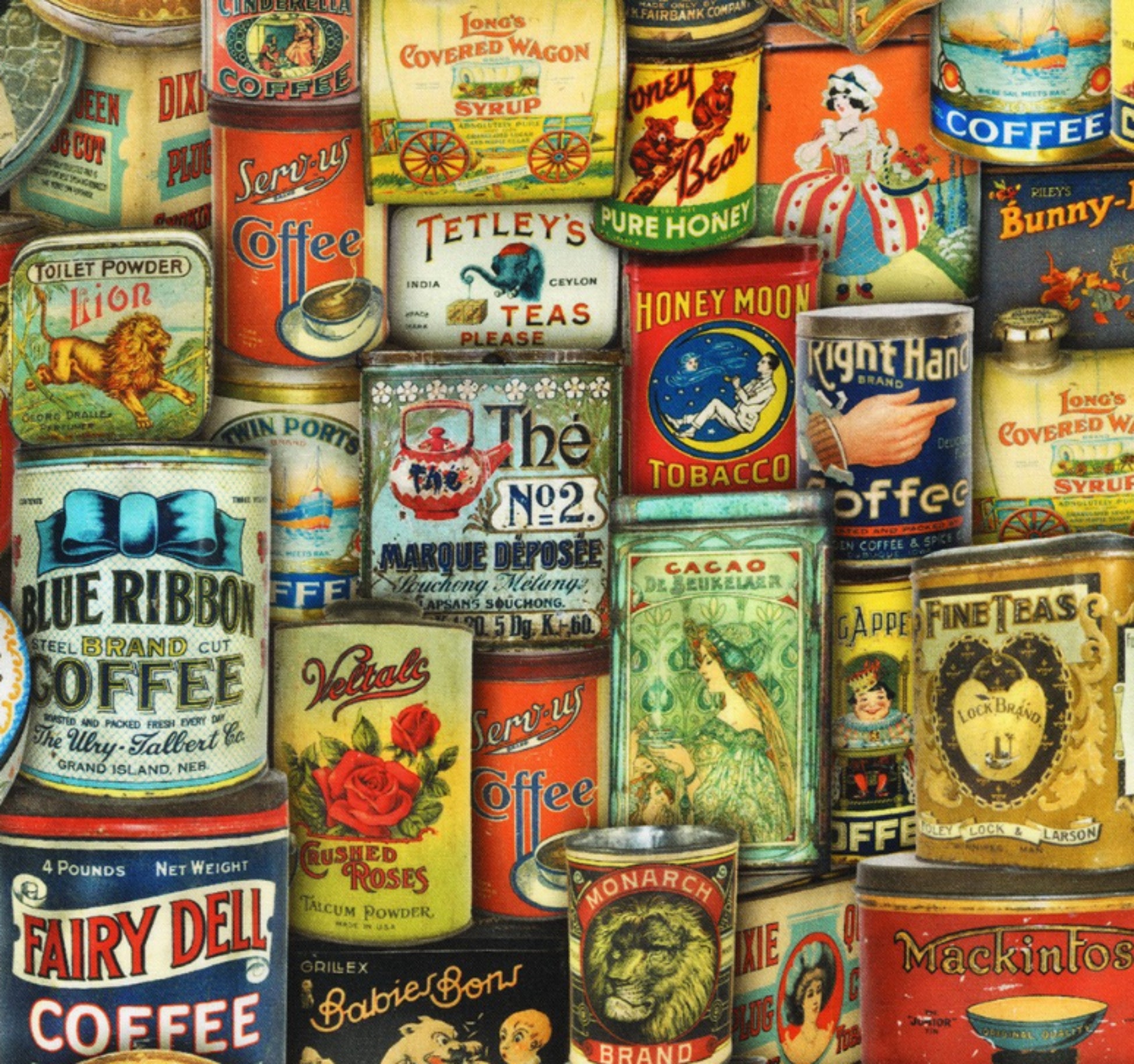 Antique - by Lars Stewart from the Library of Rarities for Robert Kaufman Fabrics. Featuring Vintage Tins and Cans from coffee and teas.