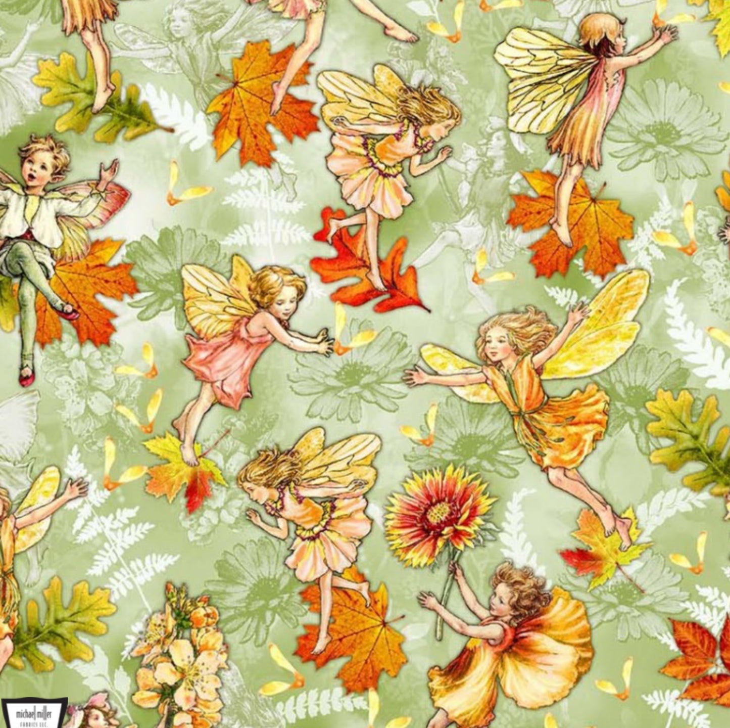 Autumn Fairy Flight Fabric in Sage - from the Flower Fairies of the Autumn by Michael Miller Fabrics