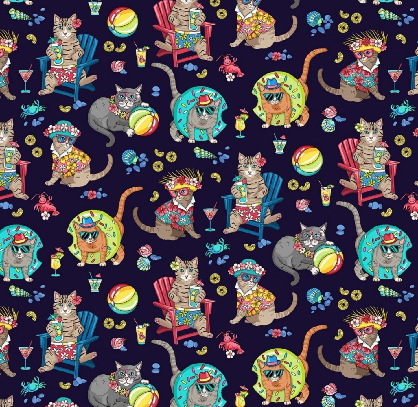 Cute Beach Cats Fabric on a Navy Background