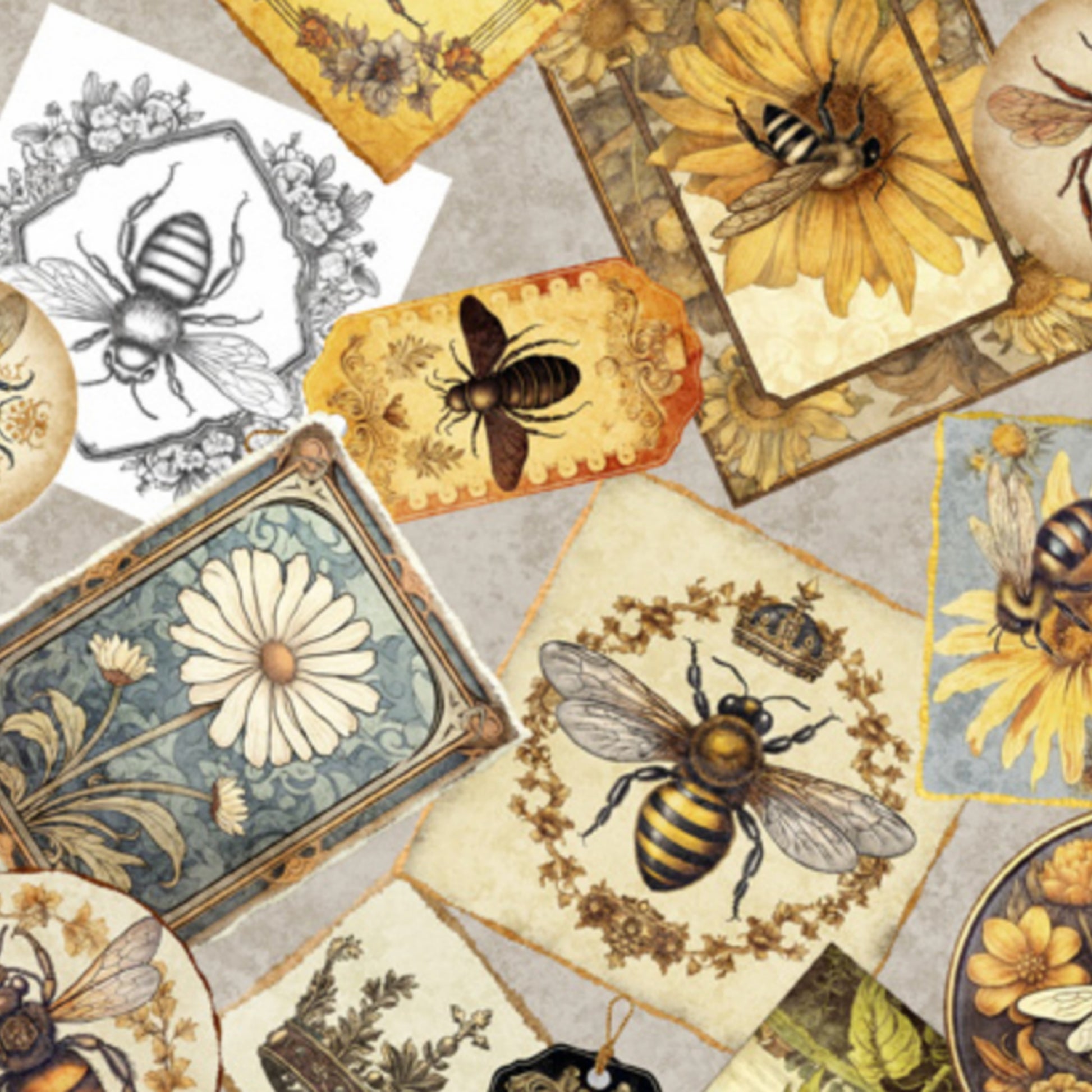 Bee Collage - Queen Bee Collection by Morris Creative Group for QT Fabrics - gray background - glorious garden of bees overflowing with sweet honey, led by their Queen. 100% cotton, digitally printed.