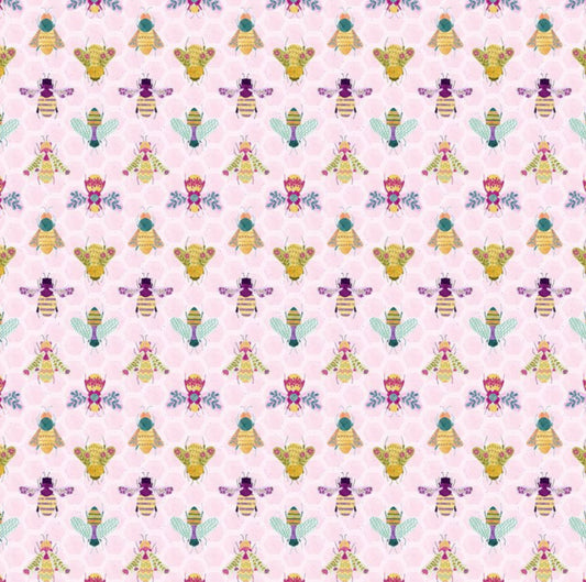 Bee curious Fabric from the CCurious Garden Collection by Pammie Jane for Dear Stella Fabrics. Light pink cotton fabric with assorted adorable bees.