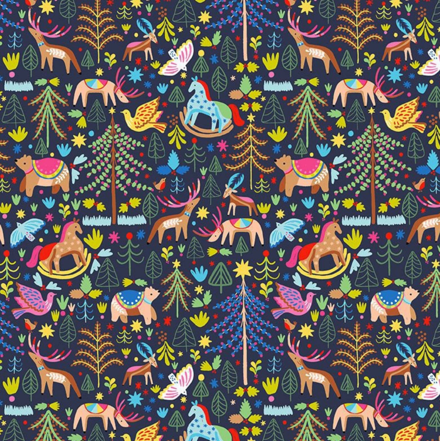 Blitzened - Blitzened Collection by Dear Stella Fabrics. Christmas fabric with rocking horses, doves, Christmas trees and bears. 100% Cotton, digitally printed.