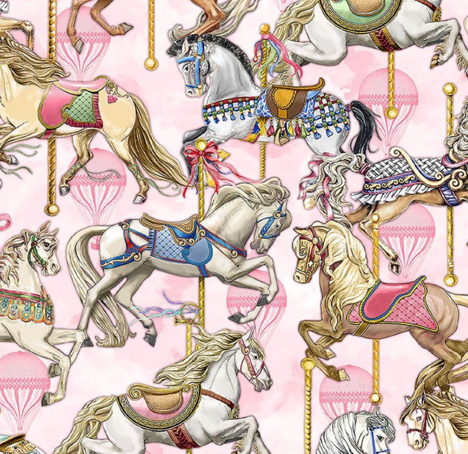 Carousel Horses Fabric in Pink from the Admit One Collection by Timeless Treasures