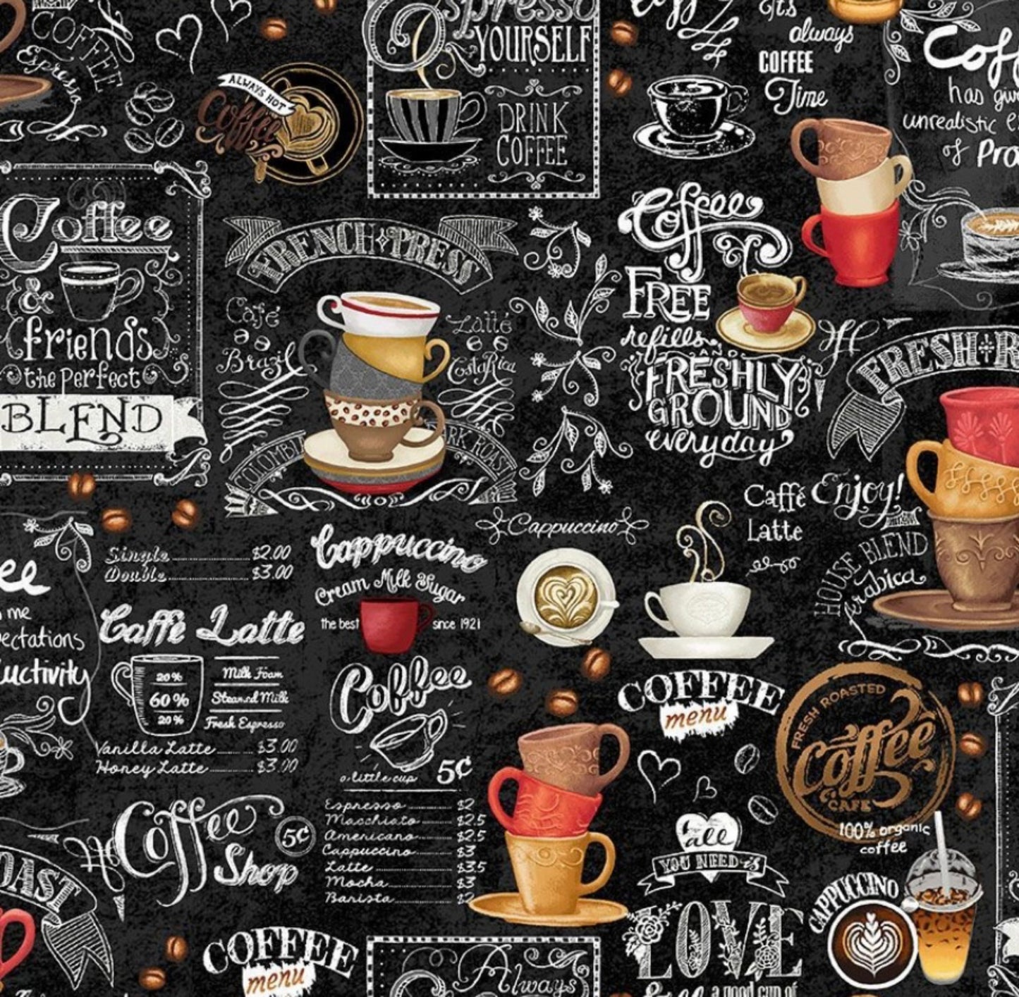 Coffe Chalkboard Fabric from the Just Brew It Collection by timeless Treasures