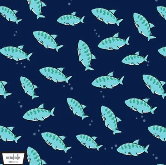 Dangerous Water Fabric from the Nautilus Collection by Michael Miller Fabrics. Navy fabric with cute teal sharks. 