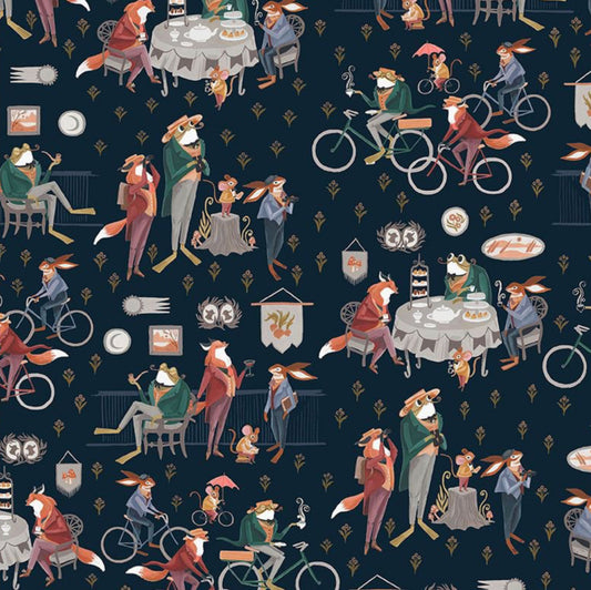 Dapper Den - from the Dapper Den Collection by Rae Ritchie for Dear Stella Designs - DRR-2927-SPACE. Foxes, Frogs and woodland animals set against a dark gray background. 100% cotton, digitally printed.
