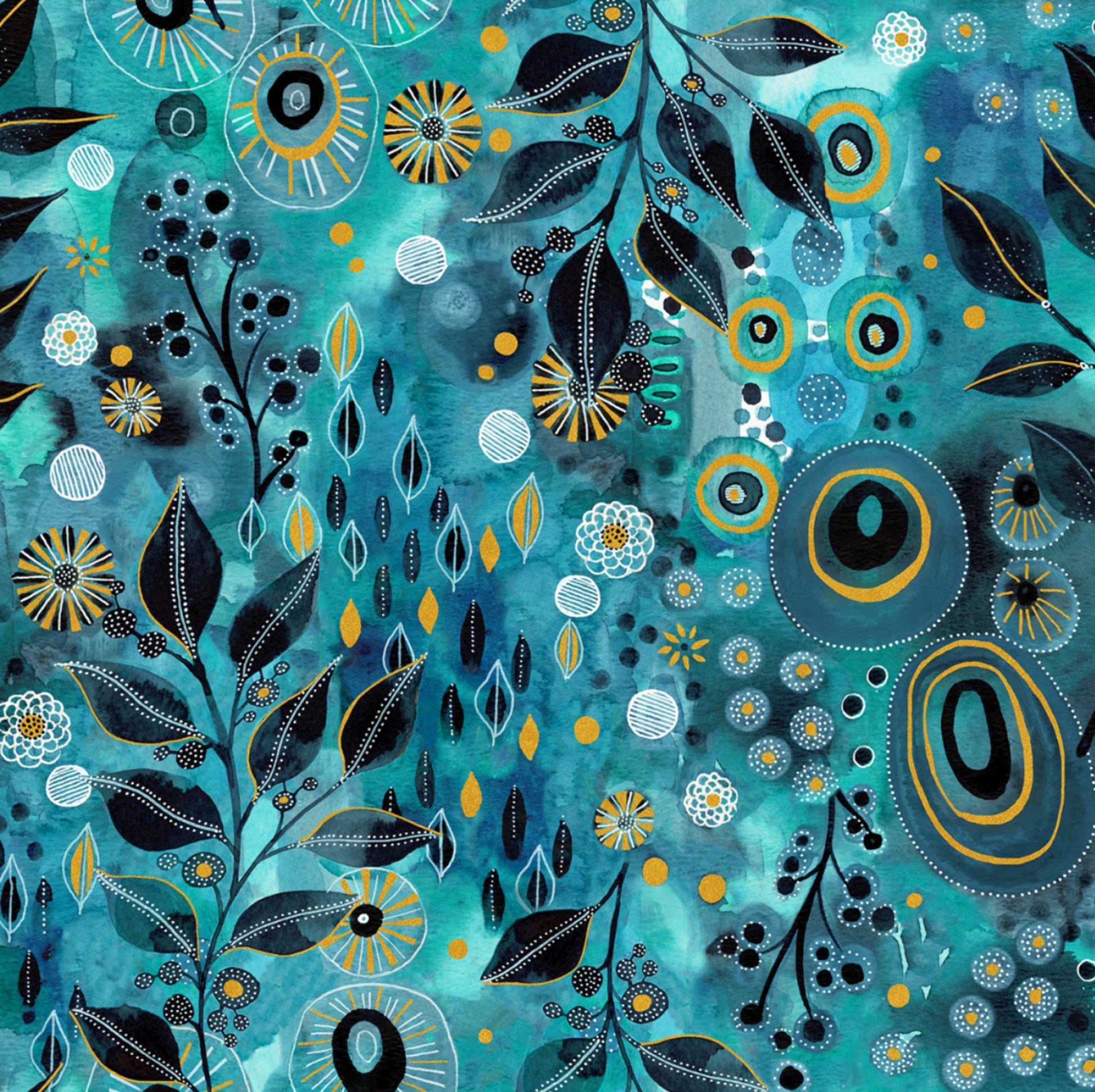 Ebb and Flow - Aqua - Essoldo Designs for Windham Fabrics - Abstract floral embellished with metallic accents. 100% cotton, digitally printed.