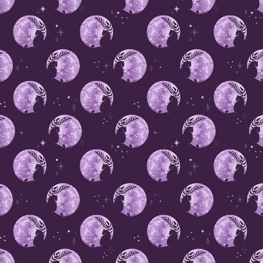 Enlightened - from the Phoebe Collection by Pammie Jane for Dear Stella Designs - Lavender Moons with Cat Silhouettes set against a dark purple background. 100% cotton, digitally printed.
