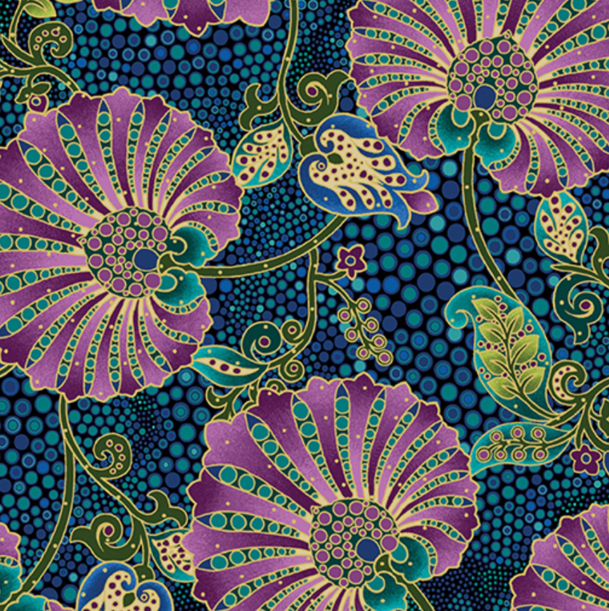 Fanflower Fabric from the Shangri La Collection by Painted Sky Studios for Benartex. Teal and gold mettalic accents.